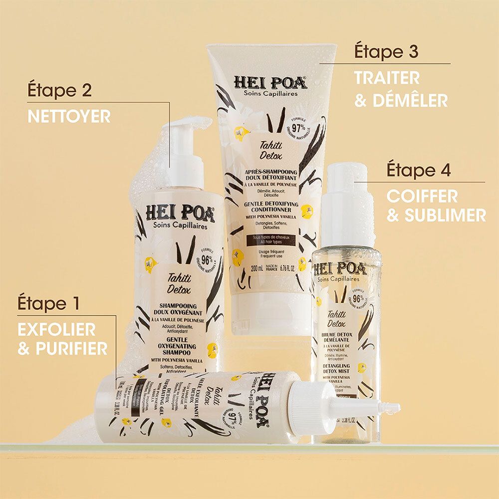 HEI POA Produkte: Shampoo, Spülung, Öl. Schritte: 1. Exfolieren & Reinigen, 2. Reinigen, 3. Behandeln & Entwirren, 4. Stylen & Veredeln.