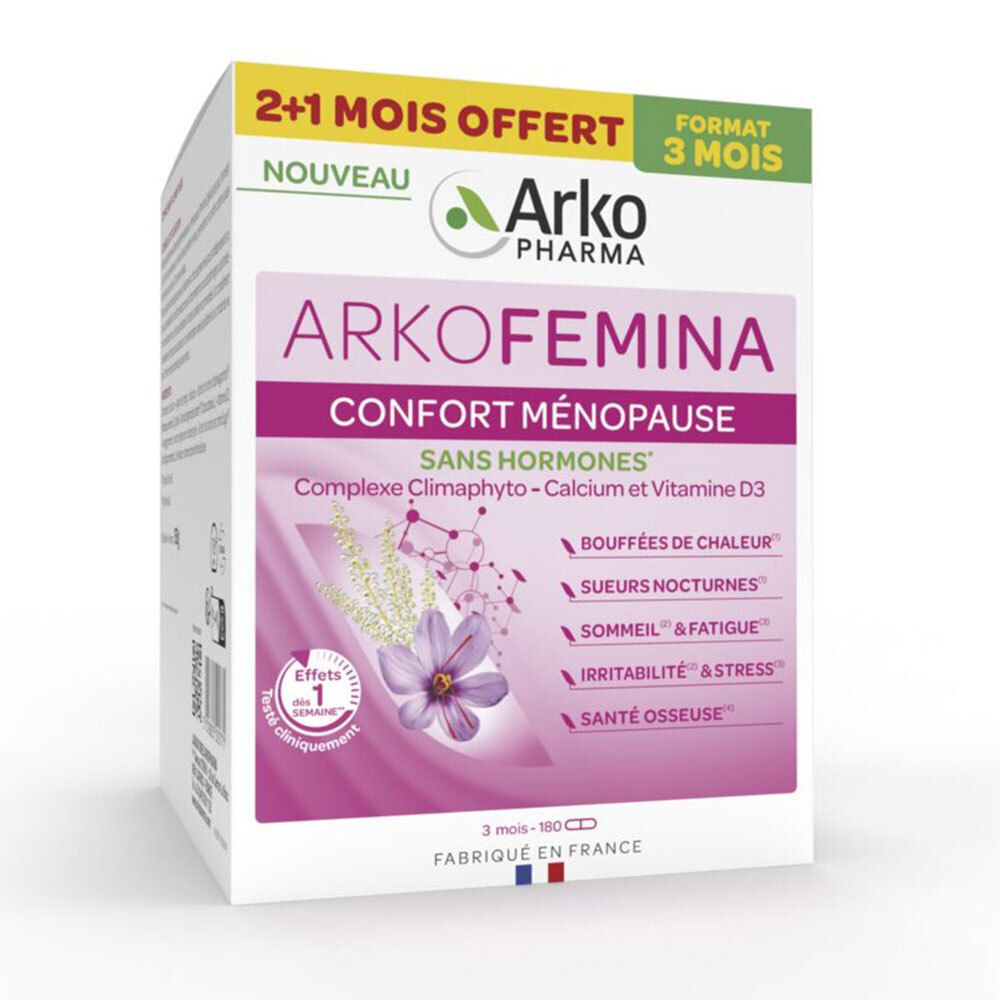 Schachtel mit ARKOFEMINA, Schriftzug und Logo. Enthält Tabletten für Wechseljahre. Mit Aufschrift: Ohne Hormone.