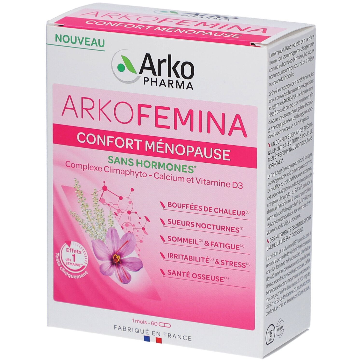 Boîte Arkopharma Arko Femina. Design rose et blanc, nom du produit et informations. Inscription : Confort Ménopause, Sans Hormones.