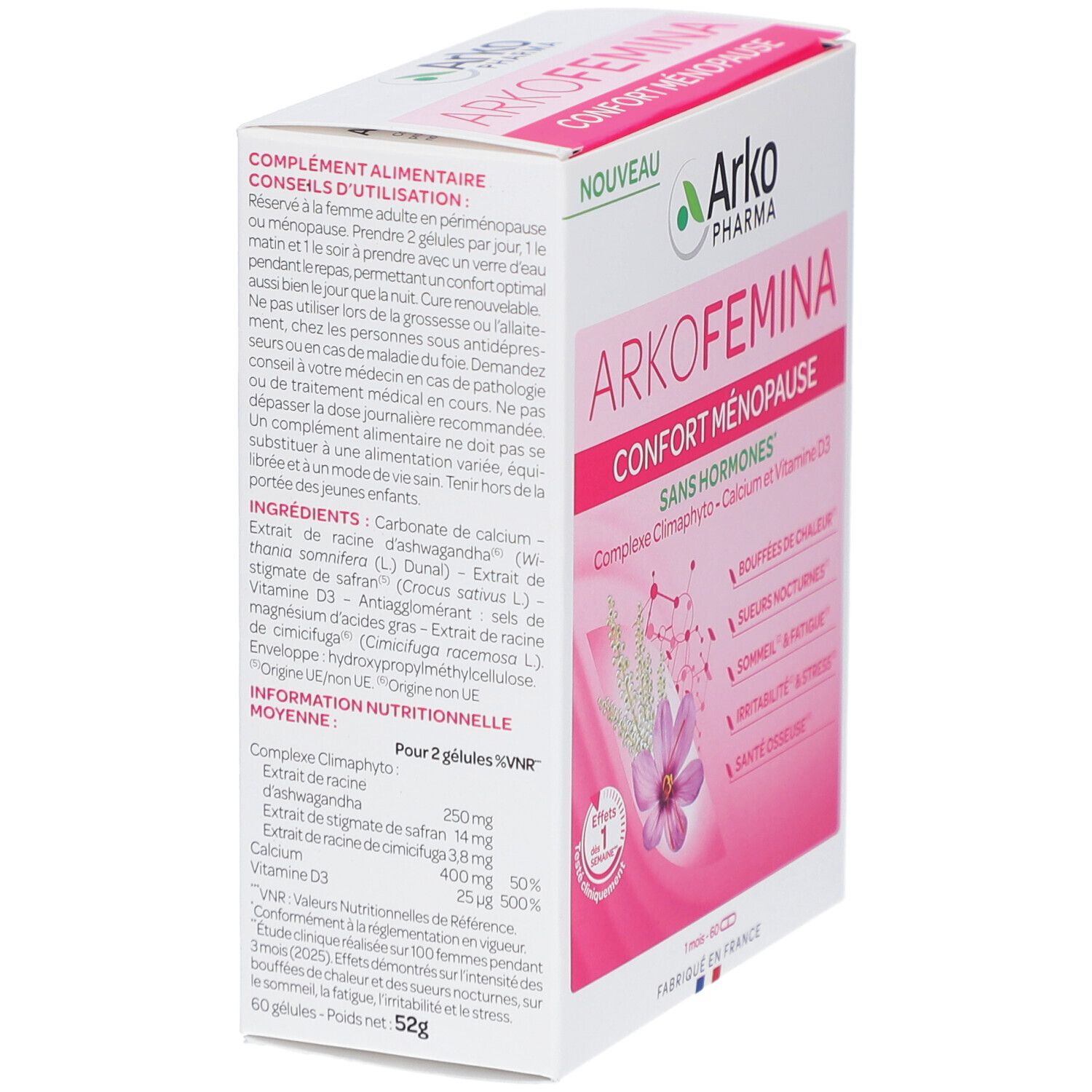 Boîte Arkopharma Arko Femina, vue latérale. Design rose et blanc. Texte : Confort Ménopause, ingrédients, informations nutritionnelles.