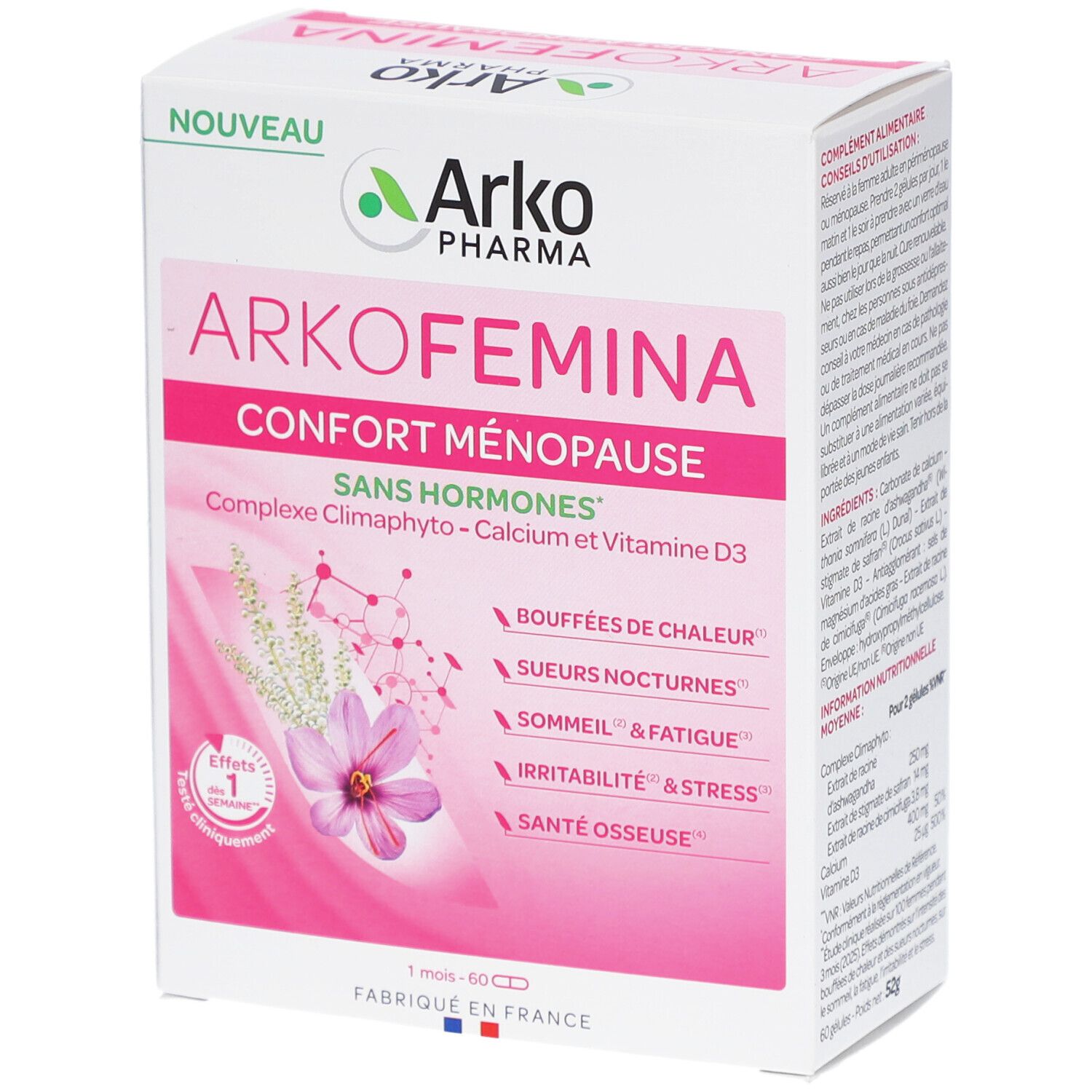 Boîte Arkopharma Arko Femina. Design rose et blanc, nom du produit et informations. Inscription : Confort Ménopause, Sans Hormones.