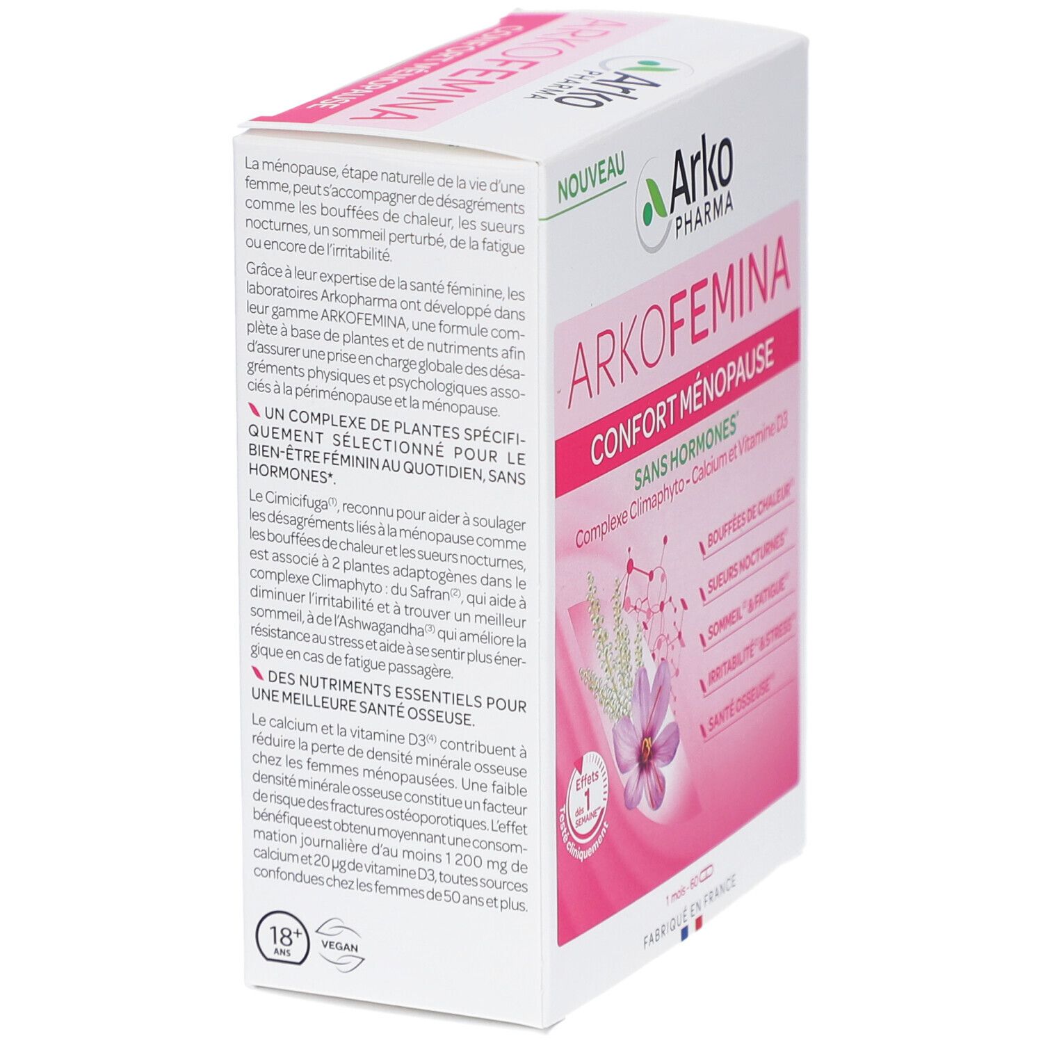 Boîte Arkopharma Arko Femina, vue latérale. Design rose et blanc. Texte : Confort Ménopause, ingrédients, informations nutritionnelles.