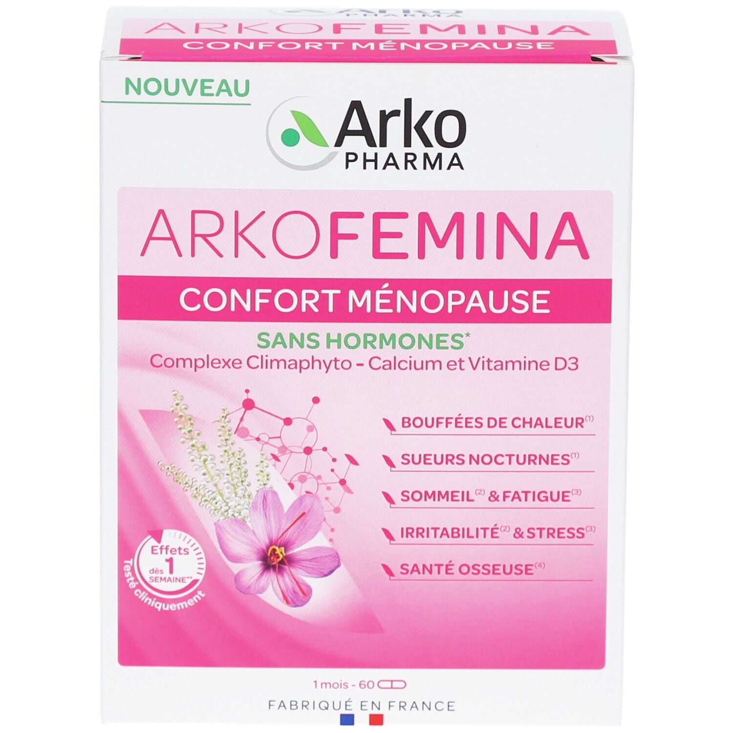 Boîte Arkopharma Arko Femina. Design rose et blanc, nom du produit et informations. Inscription : Confort Ménopause, Sans Hormones.