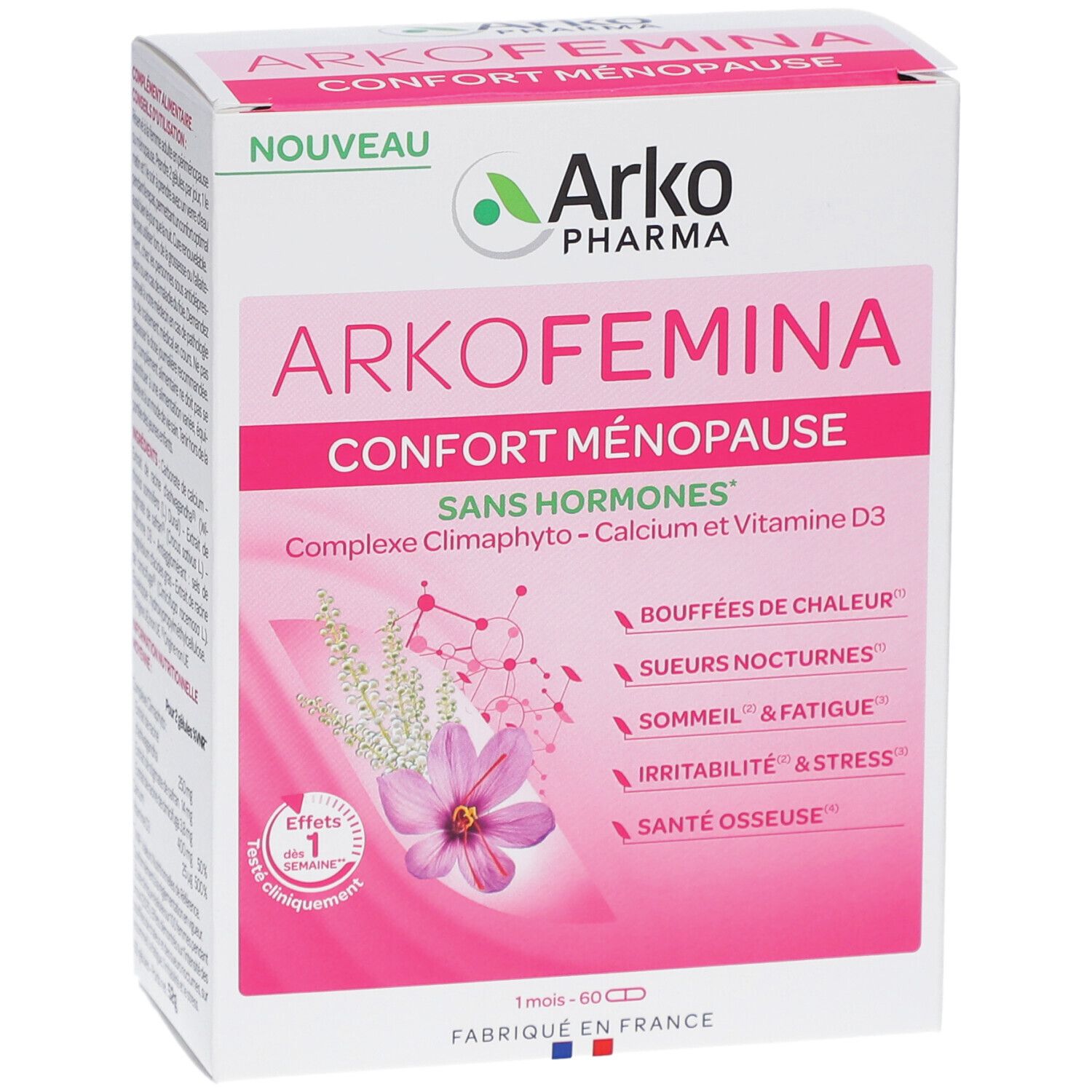 Boîte Arkopharma Arko Femina. Design rose et blanc, nom du produit et informations. Inscription : Confort Ménopause, Sans Hormones.