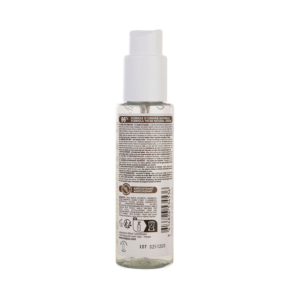 Arrière du flacon HEI POA Tahiti Detox Brume Démêlante avec liste des ingrédients.