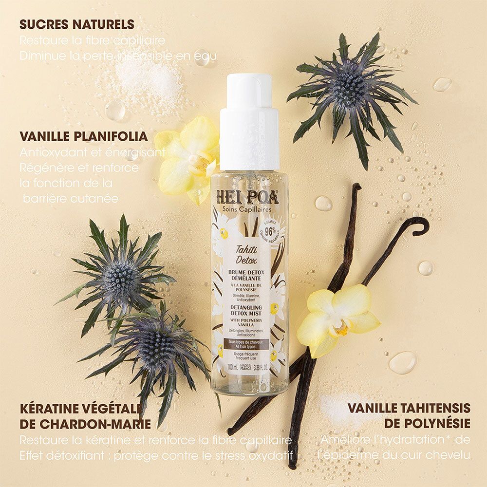 Flacon HEI POA Tahiti Detox Brume Démêlante entouré de gousses de vanille et de fleurs.