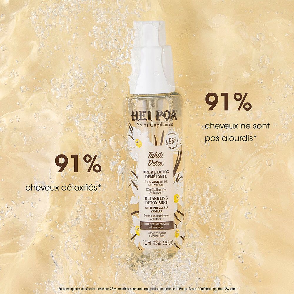 Flacon HEI POA Tahiti Detox Brume Démêlante avec pourcentages d'efficacité.
