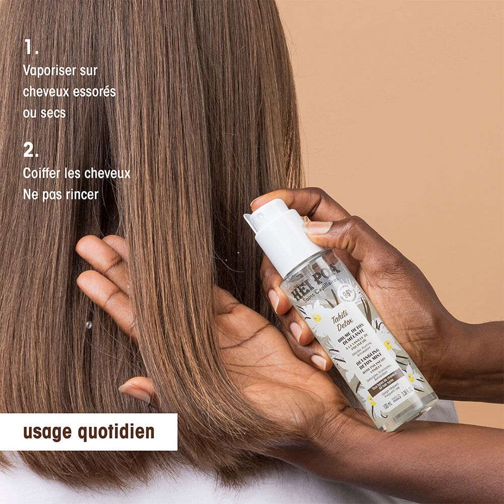 Application de la Brume Démêlante HEI POA Tahiti Detox sur cheveux humides ou secs.