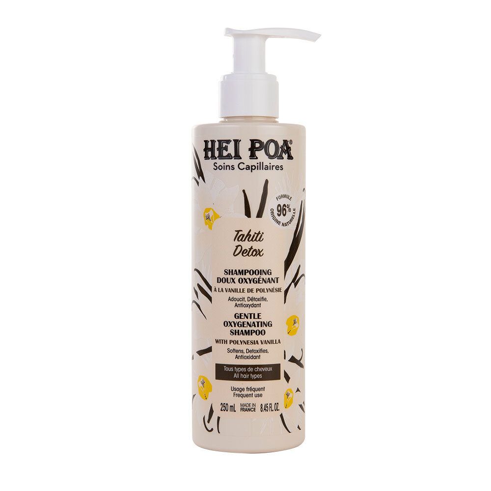 Flacon de shampooing doux HEI POA Tahiti Detox avec pompe, 250ml.