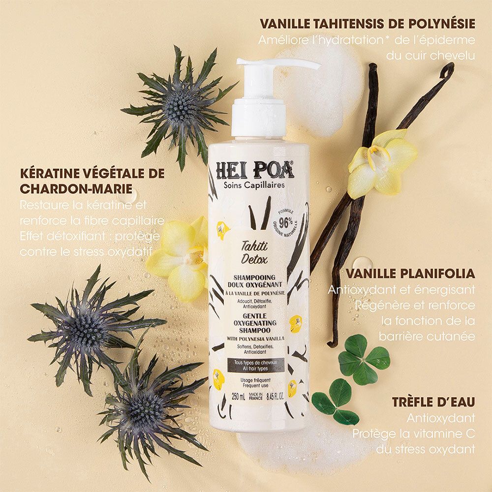 HEI POA Tahiti Detox Shampoo. Flasche mit Vanille, Blumen und Kleeblättern. 96% natürliche Inhaltsstoffe.