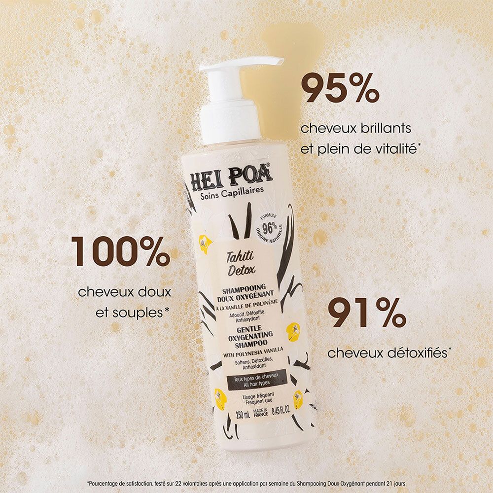 HEI POA Tahiti Detox Shampoo. Flasche im Schaum. 100% weiches Haar, 95% glänzend, 91% entgiftet.