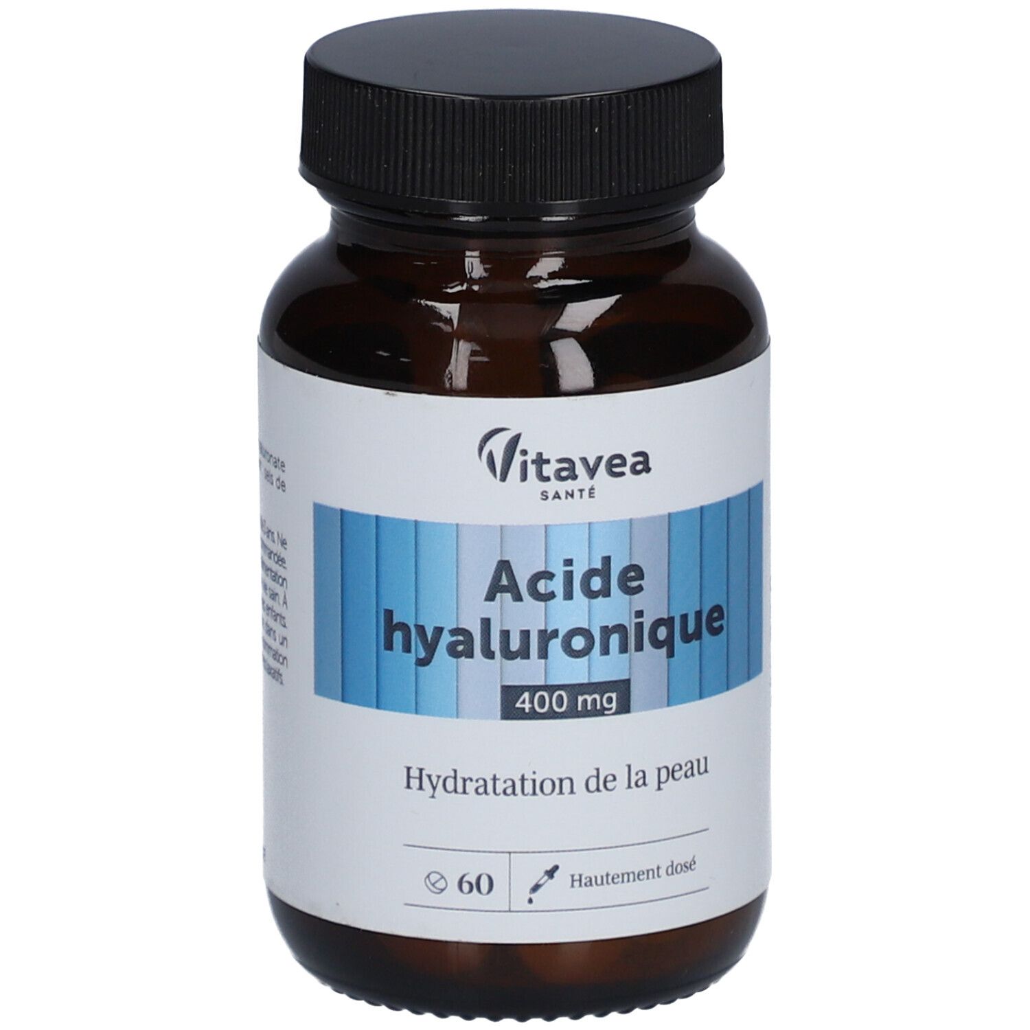 Flacon en verre brun avec bouchon noir. Étiquette avec nom du produit et marque Vitavea Santé. Contient 60 gélules.