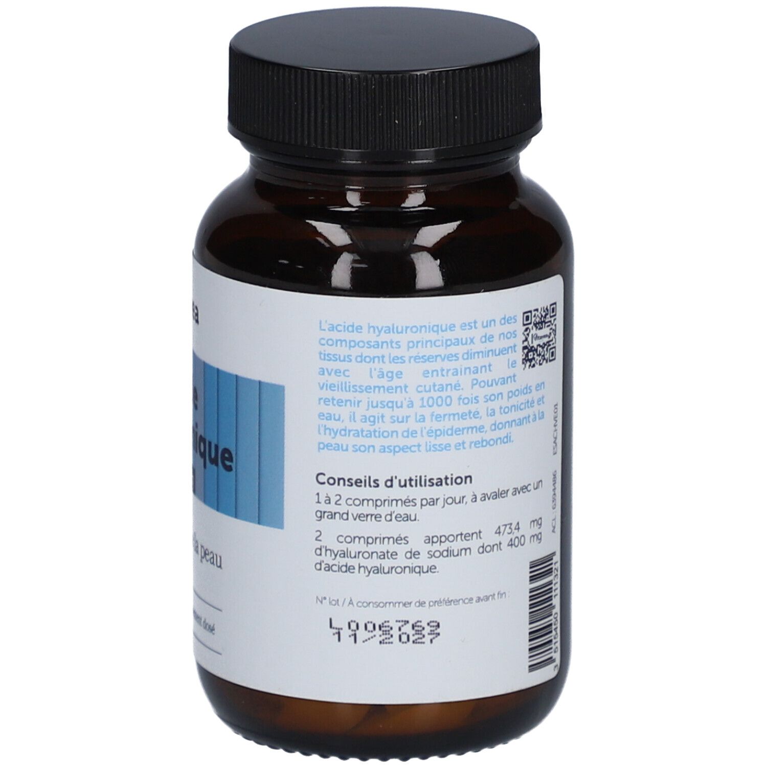 Vue arrière du flacon en verre brun. Étiquette avec conseils d'utilisation et date de péremption. Marque Vitavea Santé.