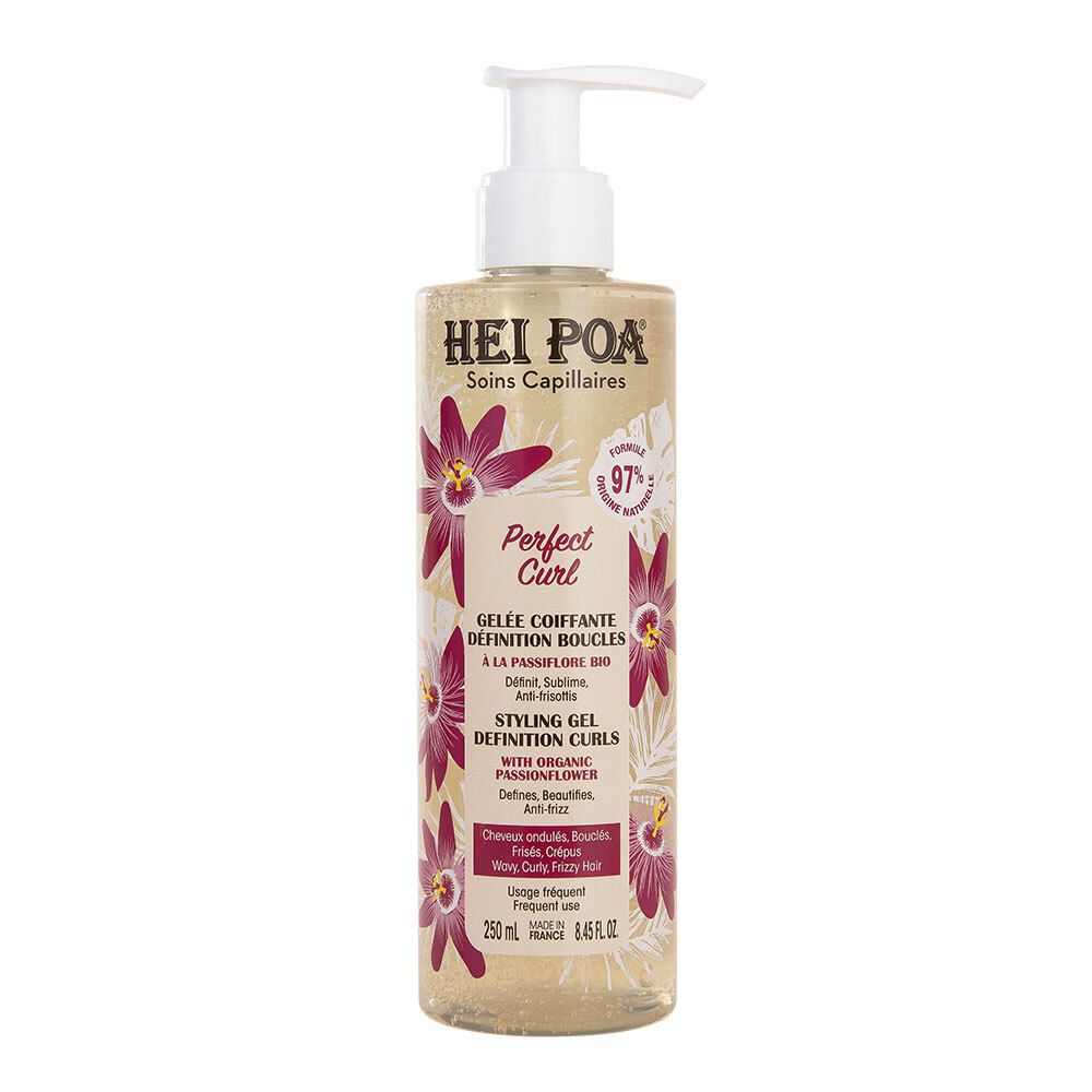 Gel-Flakon mit Pumpe. Aufschrift: HEI POA, Perfect Curl, Styling Gel. Mit Blüten-Dekor. 250 ml.