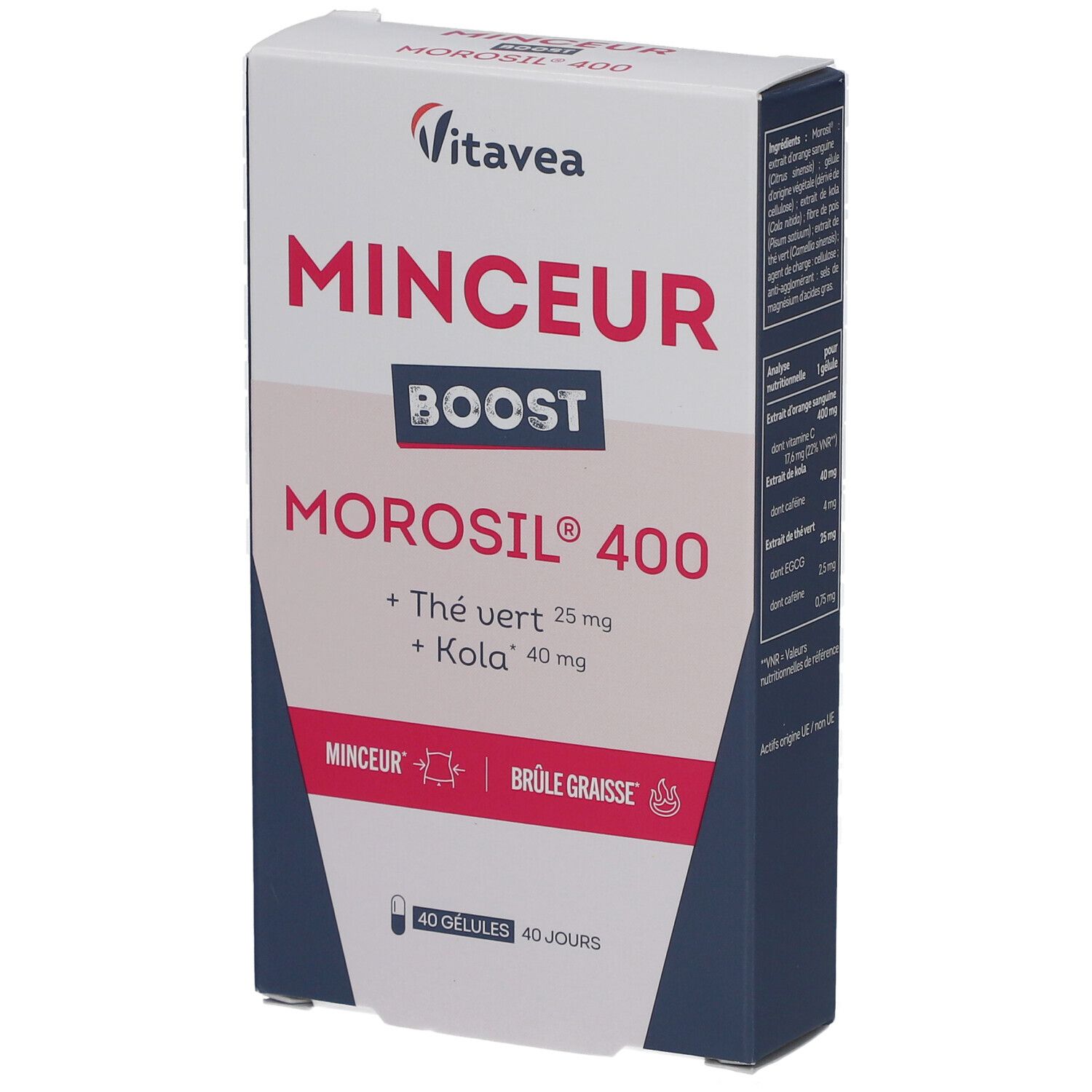 Verpackung von VITAVEA BOOST MOROSIL 400. Aufschrift: MINCEUR BOOST MOROSIL 400, Thé vert 25 mg, Kola 40 mg. Enthält 40 Gelules.