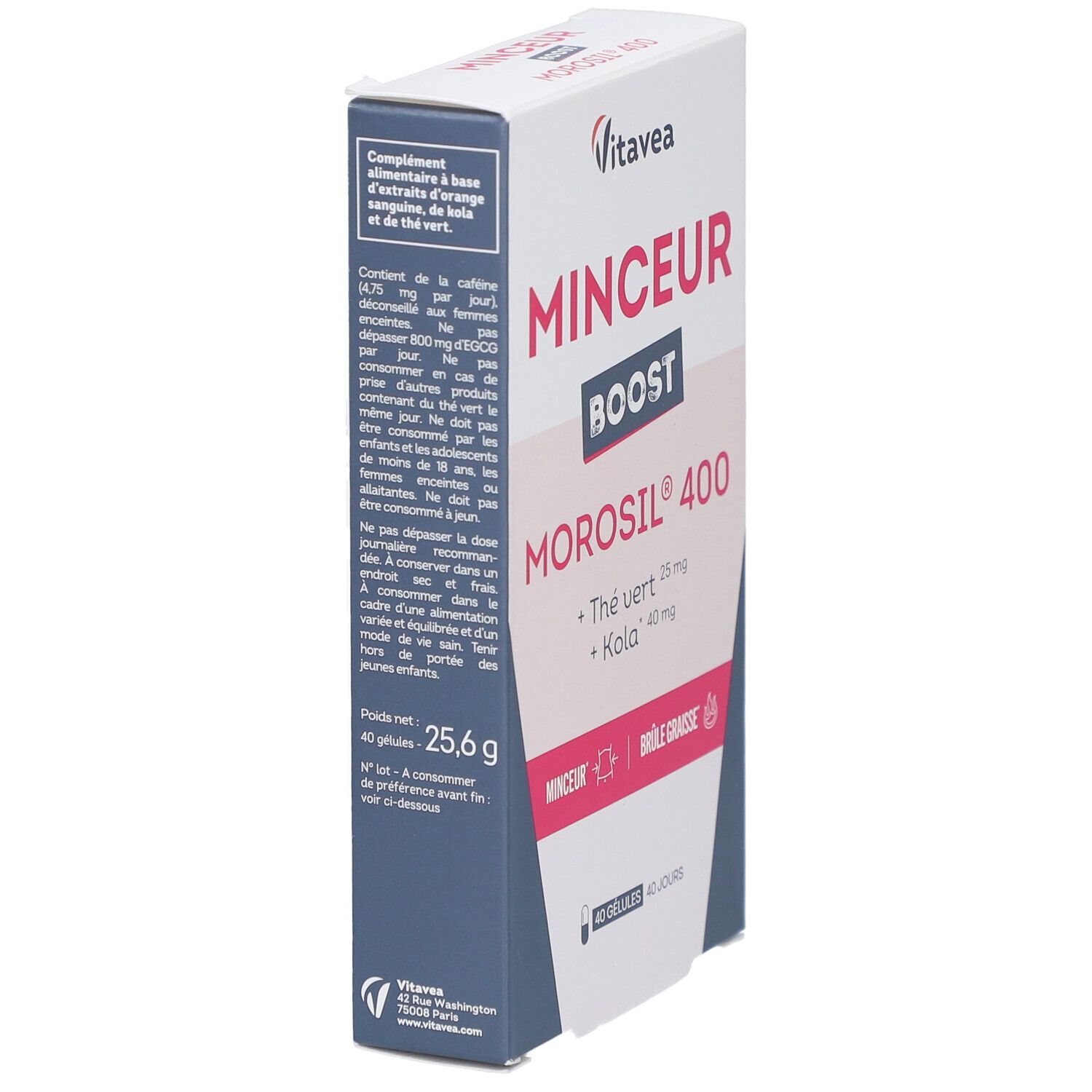 Verpackung von VITAVEA BOOST MOROSIL 400. Aufschrift: MINCEUR BOOST MOROSIL 400, Thé vert 25 mg, Kola 40 mg. Enthält 40 Gelules. Seitenansicht.