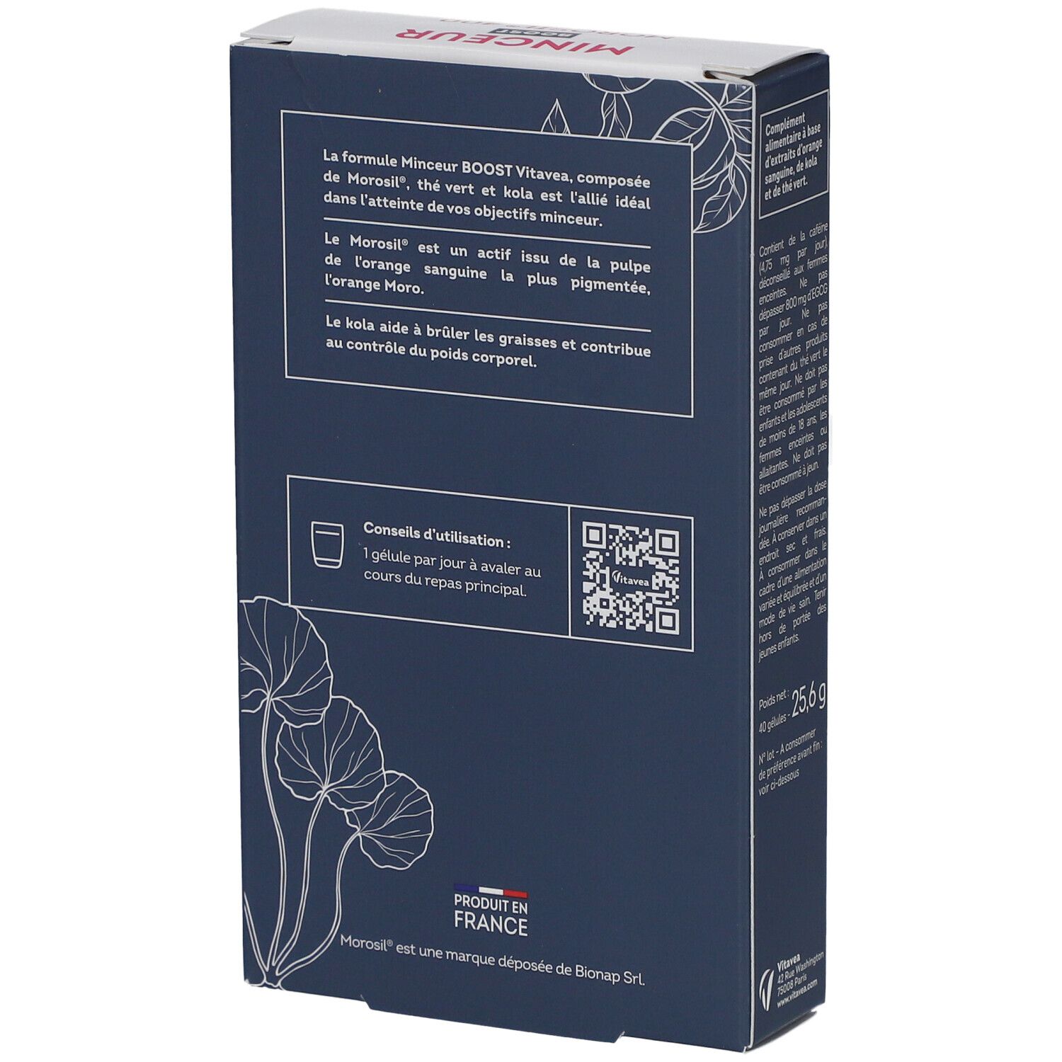 Rückseite der Verpackung von VITAVEA BOOST MOROSIL 400. Enthält Informationen und QR-Code. Hergestellt in Frankreich. Gewicht: 25,6 g.