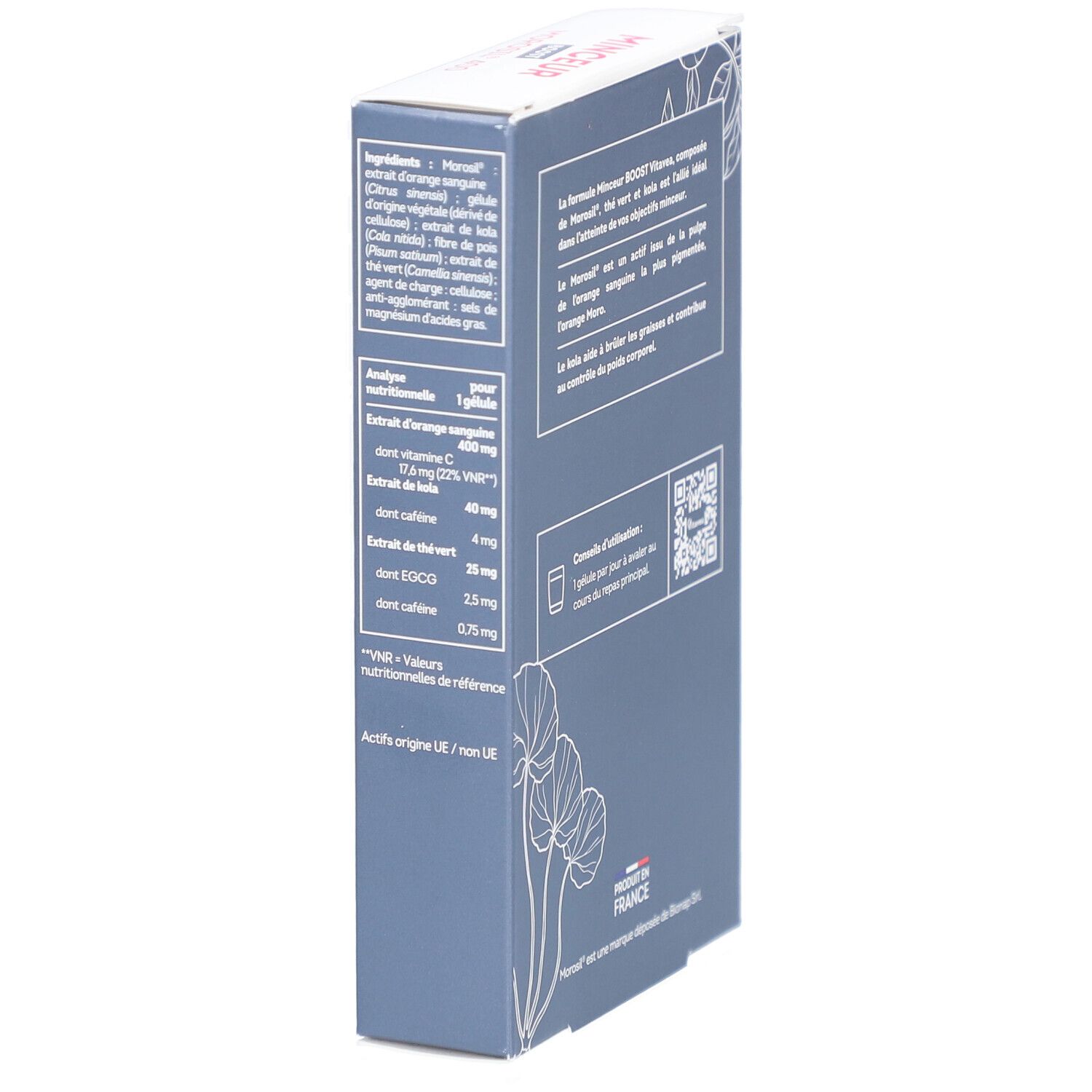 Seitenansicht der Verpackung von VITAVEA BOOST MOROSIL 400. Enthält Informationen zu Inhaltsstoffen und Nährwerten. Hergestellt in Frankreich.