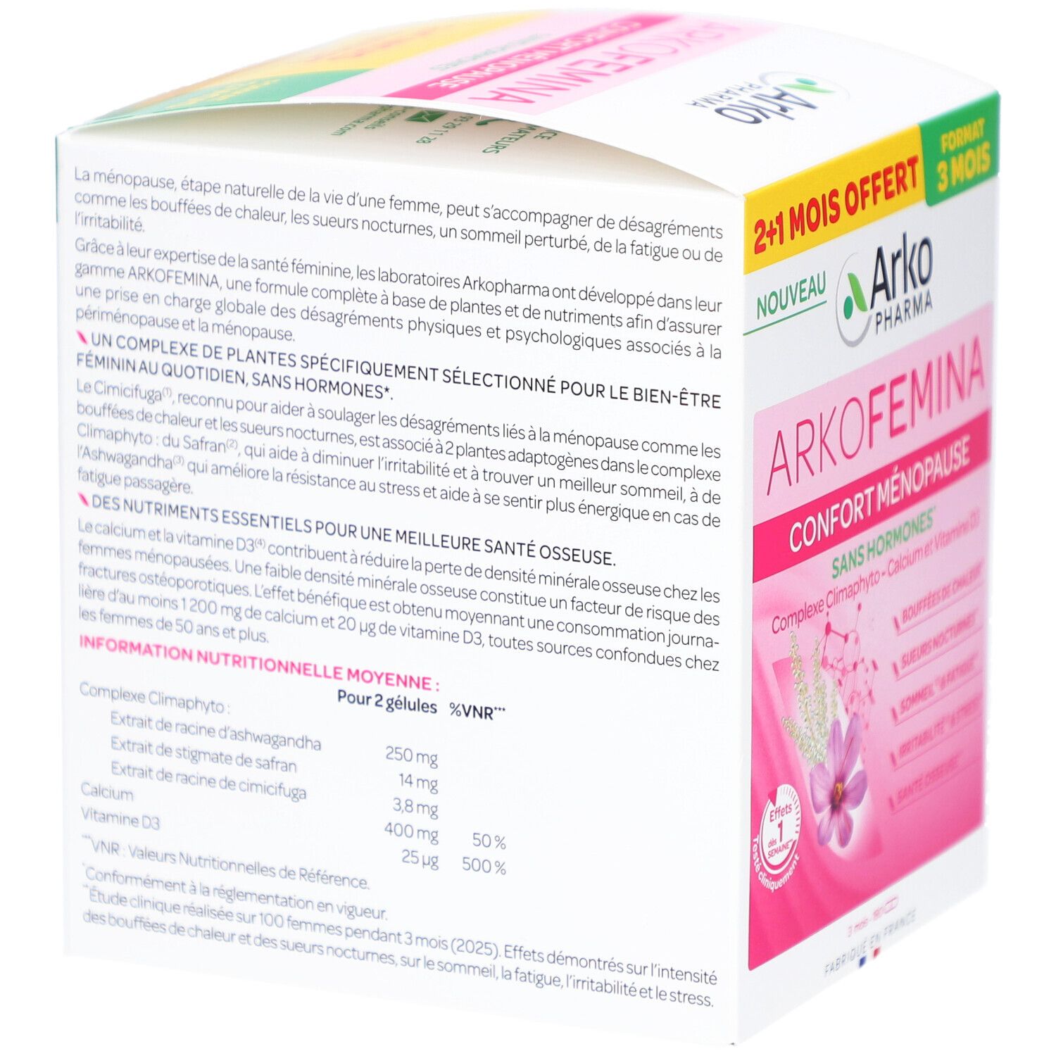 Rückseite der Arkopharma Arko Femina-Verpackung. Text über das Produkt, Inhaltsstoffe und Nährwertangaben.