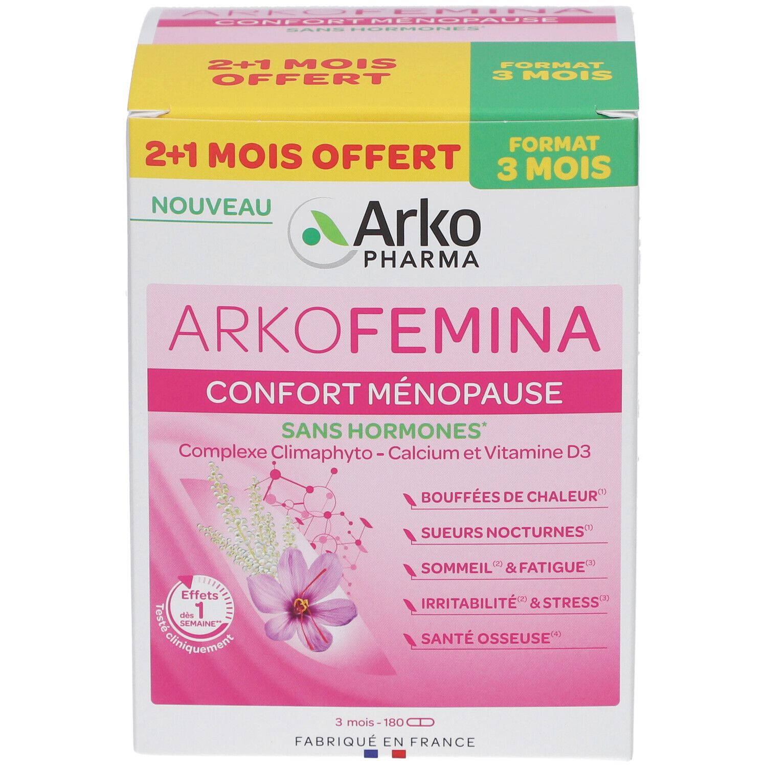 Vorderseite der Arkopharma Arko Femina-Verpackung. Rosa und weißes Design, Produktname und Vorteile.