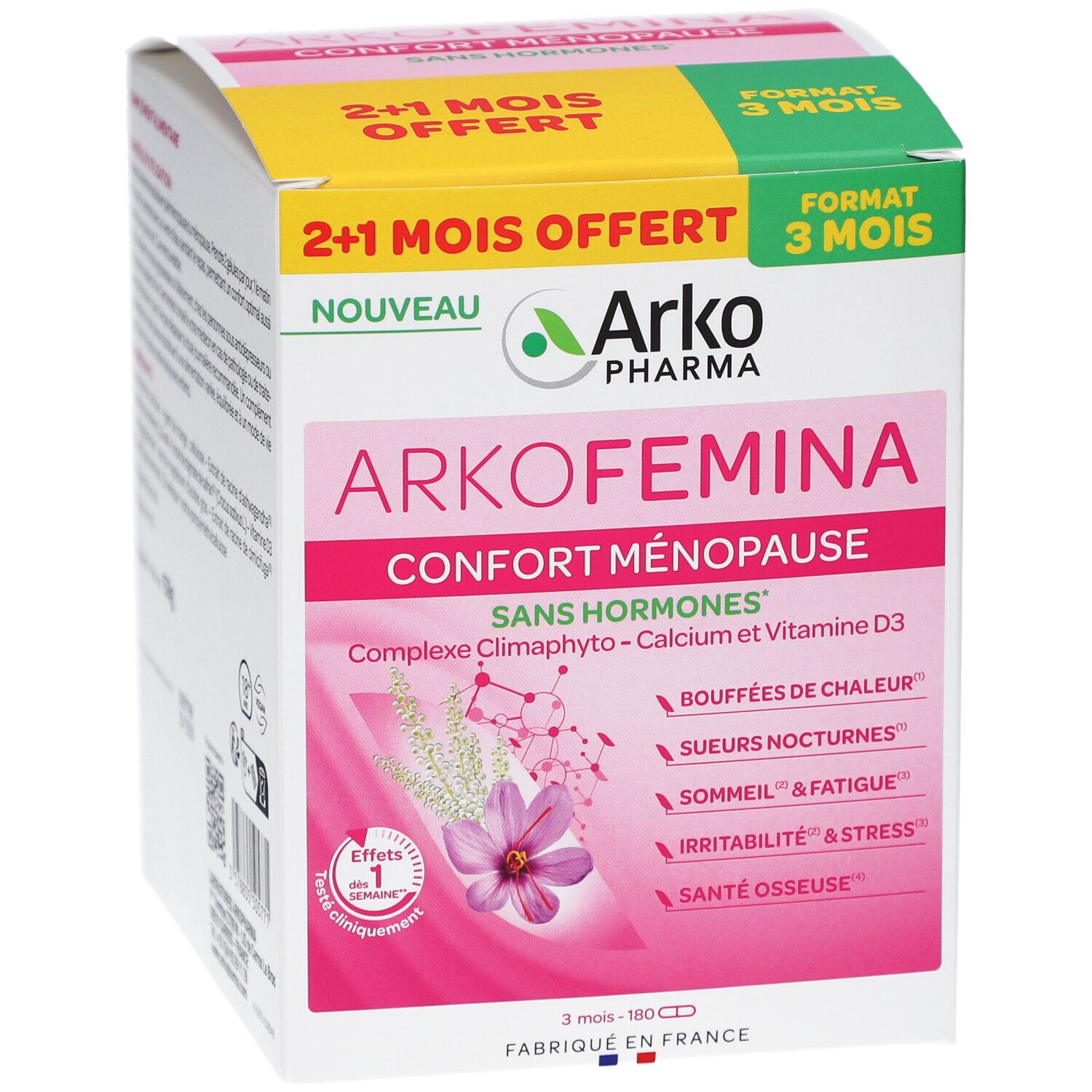 Vorderseite der Arkopharma Arko Femina-Verpackung. Rosa und weißes Design, Produktname und Vorteile.