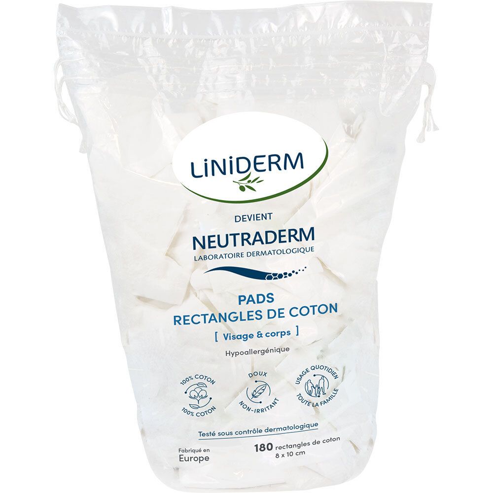 Sachet de pads LINIDERM. Inscription Neutraderm, Pads, rectangles de coton, 8x10 cm. 180 pièces. Hypoallergénique.