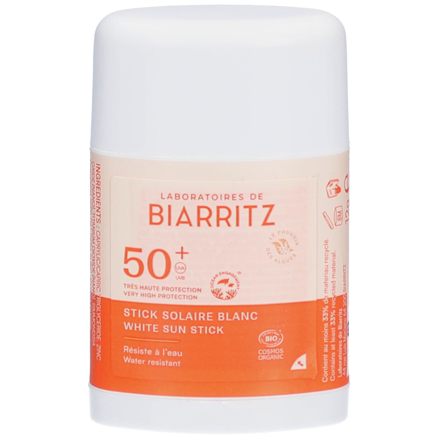 Weißer Sonnenschutz-Stick. Marke: LABORATOIRES DE BIARRITZ. SPF50+. Bio-Zertifizierung. Wasserfest.