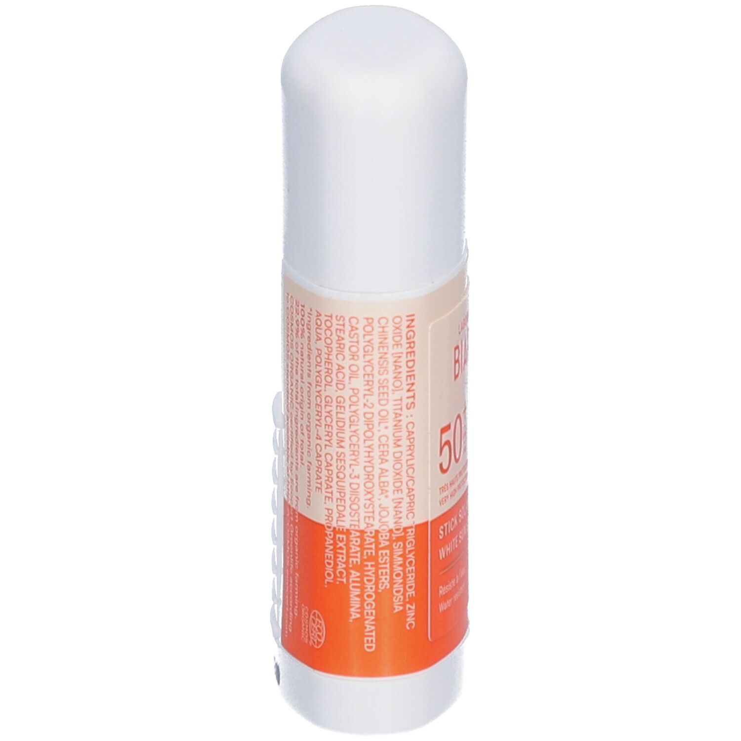 Weißer Sonnenschutz-Stick. Marke: LABORATOIRES DE BIARRITZ. Inhaltsstoffe aufgedruckt. Bio-Zertifizierung.