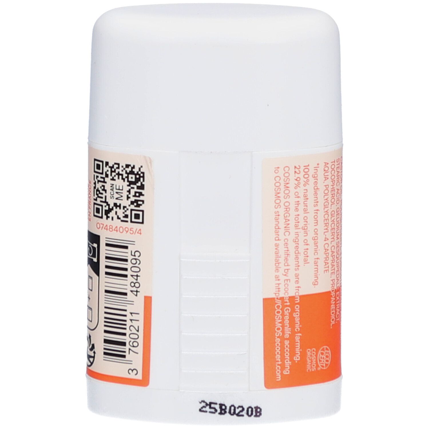 Rückseite des Sonnenschutz-Sticks. QR-Code, Chargennummer, Bio-Zertifizierung. LABORATOIRES DE BIARRITZ.