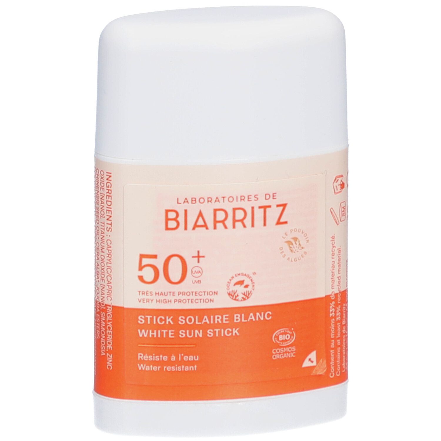Weißer Sonnenschutz-Stick. Marke: LABORATOIRES DE BIARRITZ. SPF50+. Bio-Zertifizierung. Wasserfest.