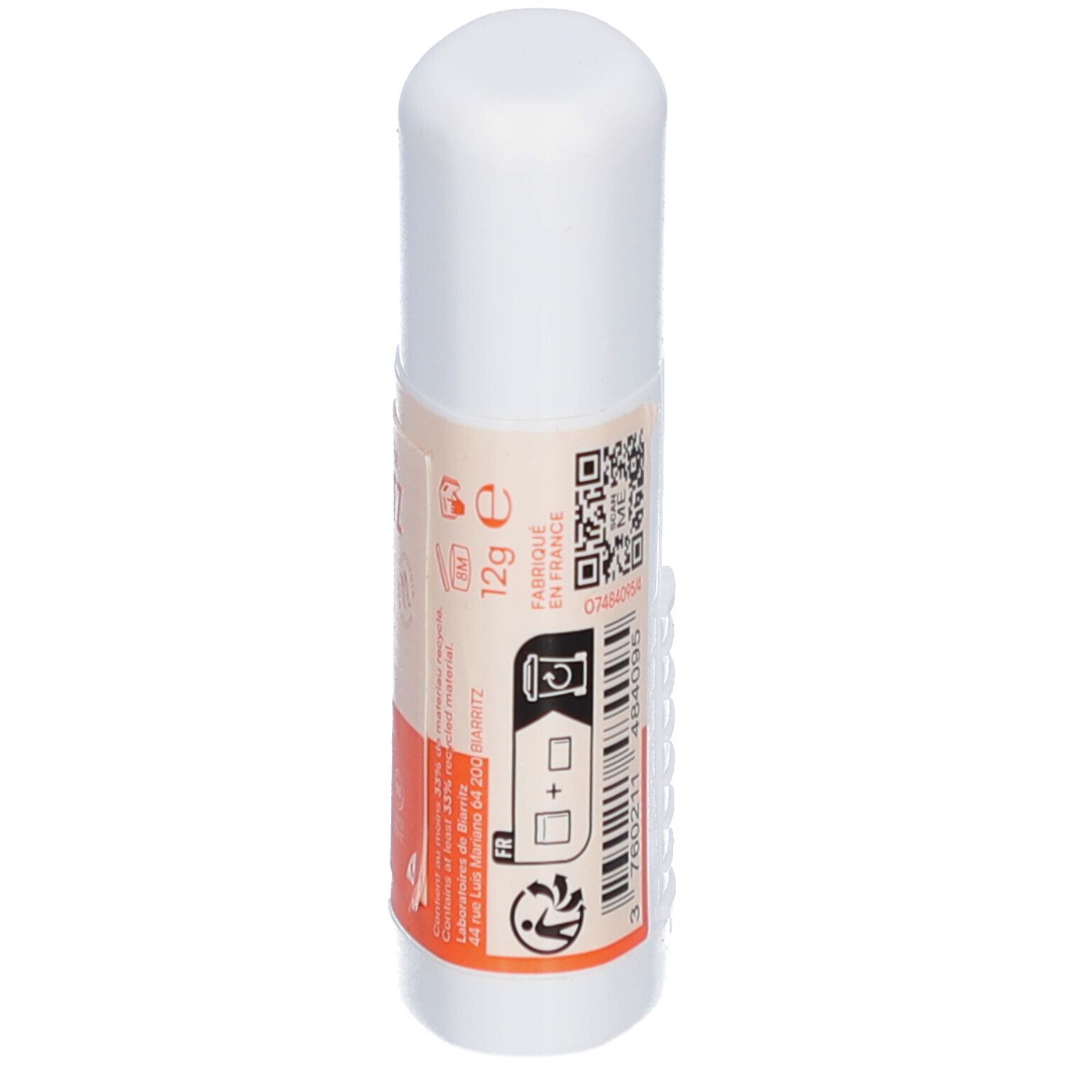 Rückseite des Sonnenschutz-Sticks. 12g. QR-Code. Hergestellt in Frankreich. Bio-Zertifizierung.
