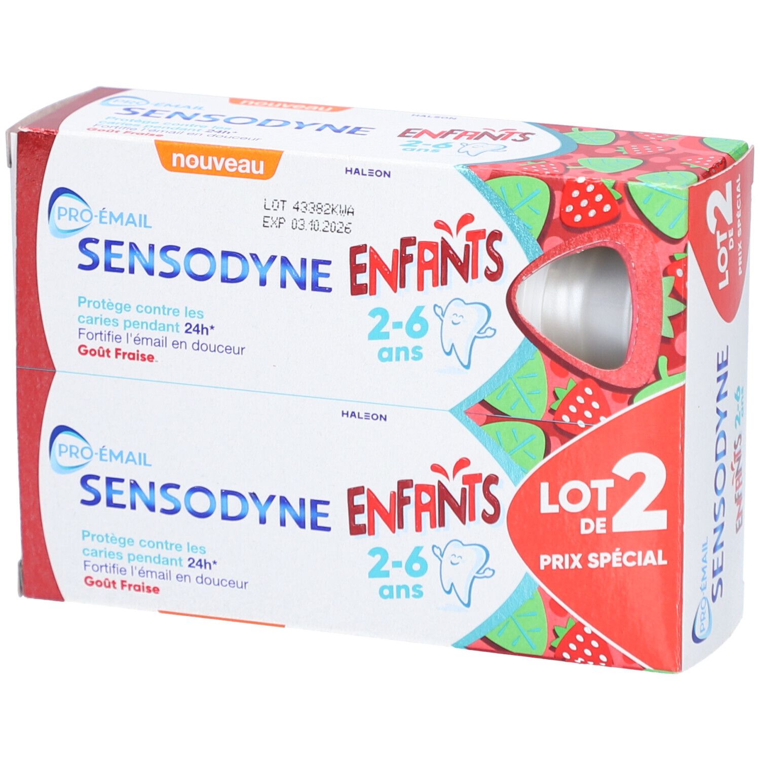 Zahnpasta-Packung für Kinder. Enthält zwei Tuben. Aufschrift: SENSODYNE ENFANTS 2-6 ans. Erdbeergeschmack. "Lot 2".