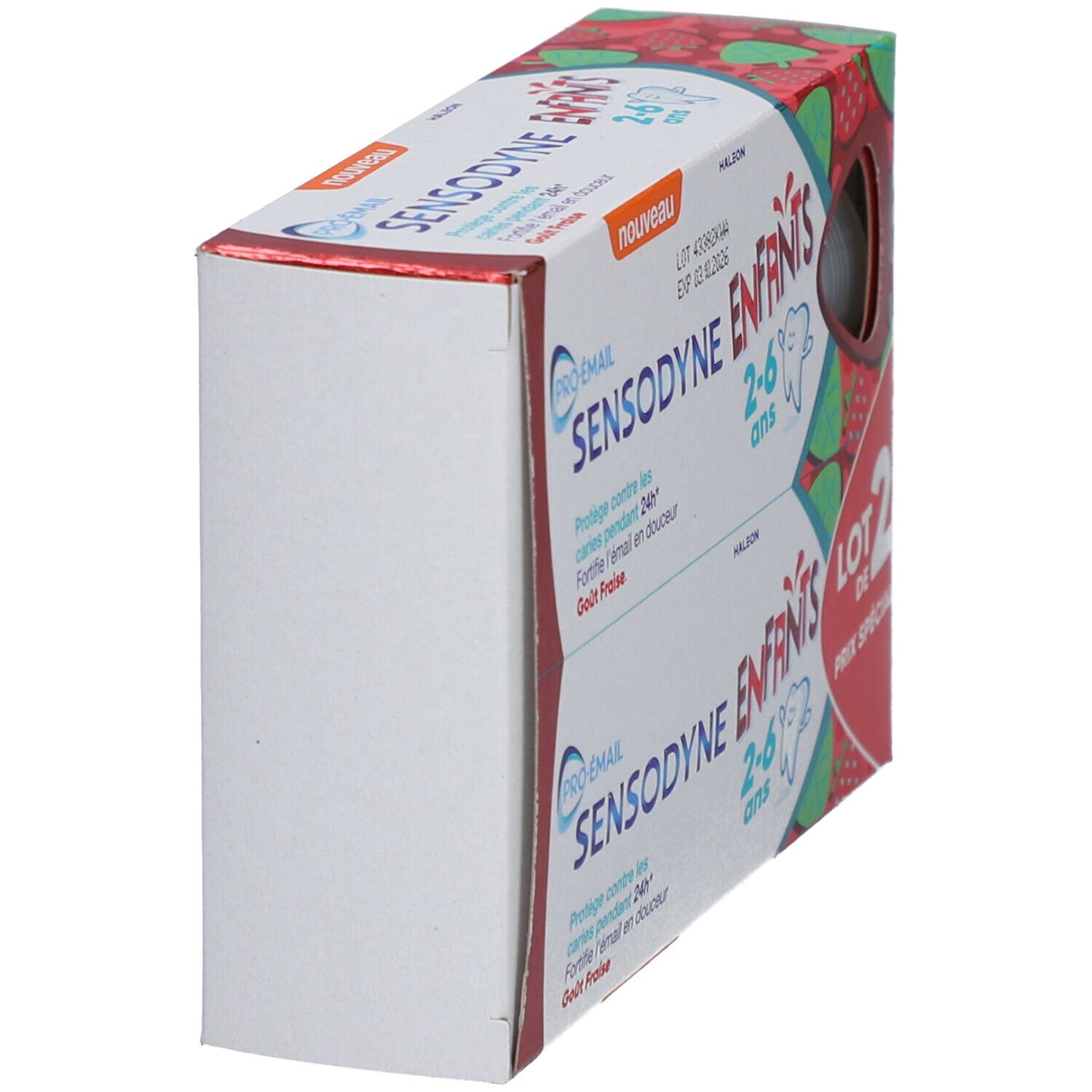 Schrägansicht der Zahnpasta-Packung. Aufschrift: SENSODYNE ENFANTS 2-6 ans. Erdbeer-Design. "Lot 2".