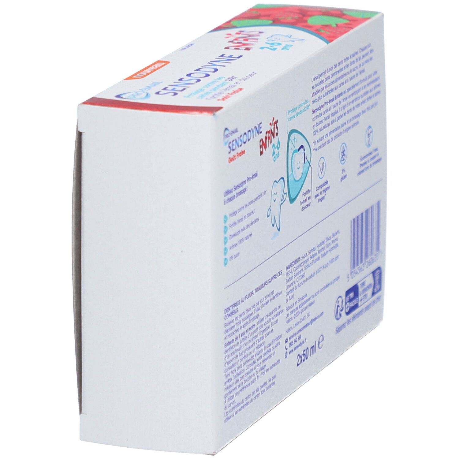 Schrägansicht der Zahnpasta-Packung. Aufschrift: SENSODYNE ENFANTS 2-6 ans. Produktinformationen auf der Rückseite.
