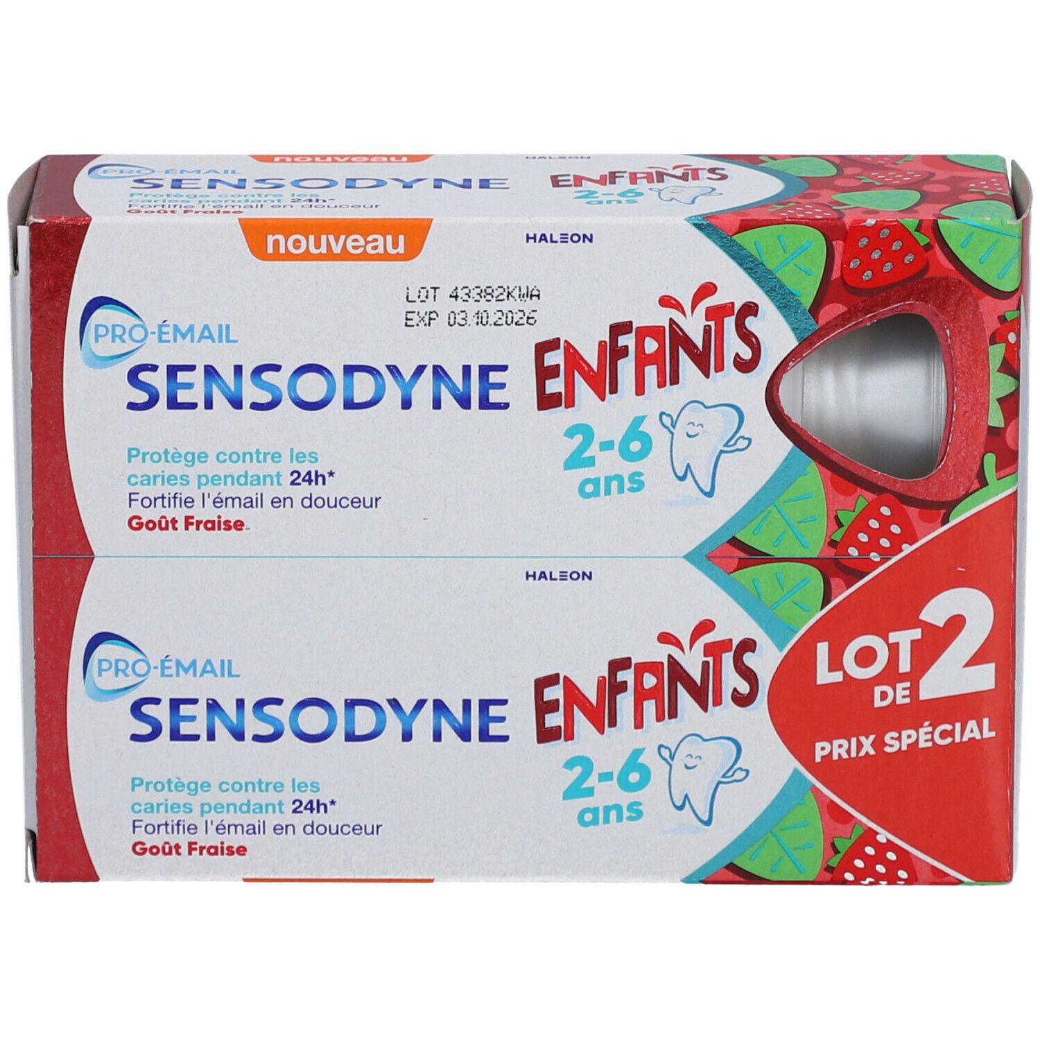 Zahnpasta-Packung für Kinder. Enthält zwei Tuben. Aufschrift: SENSODYNE ENFANTS 2-6 ans. Erdbeergeschmack. "Lot 2".