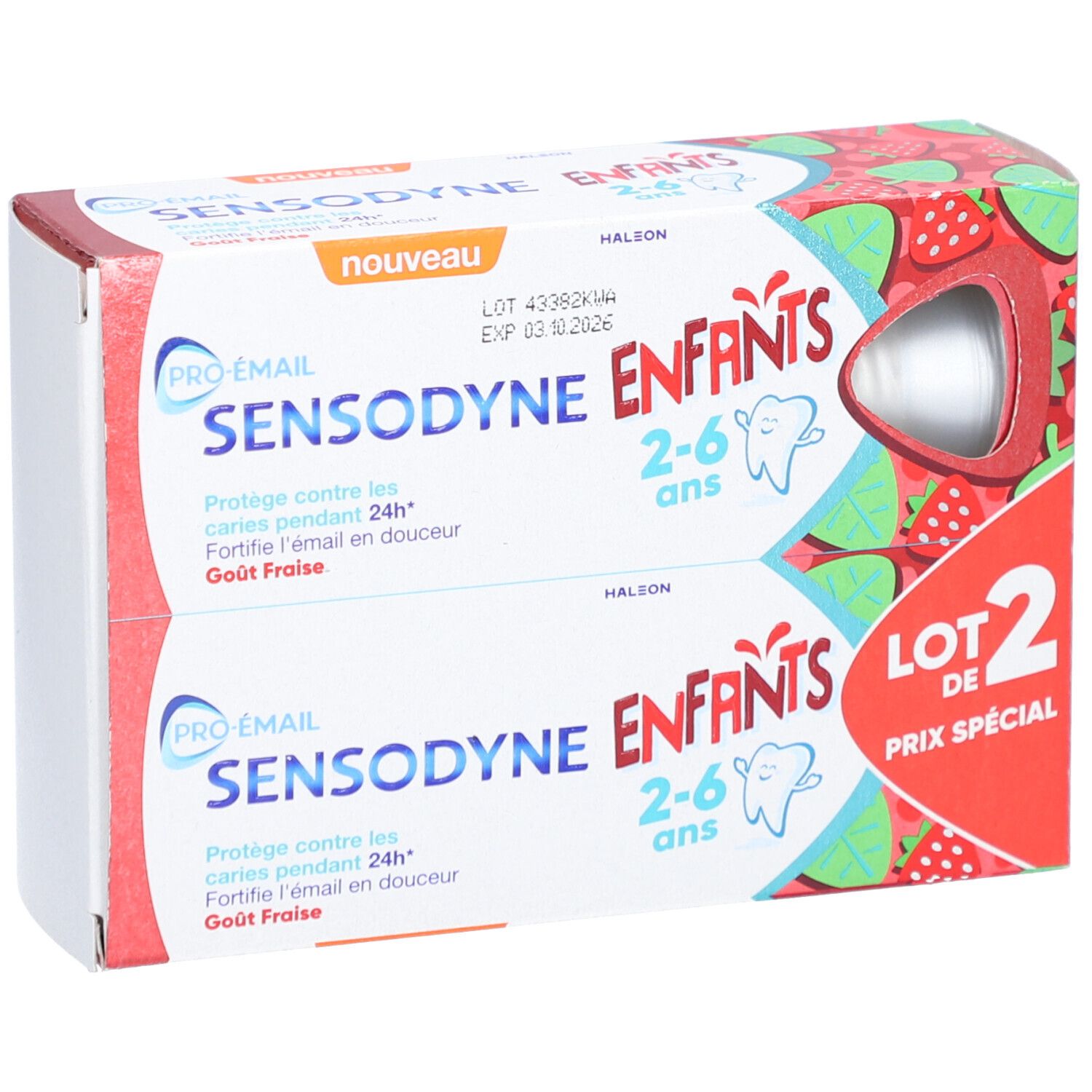 Zahnpasta-Packung für Kinder. Enthält zwei Tuben. Aufschrift: SENSODYNE ENFANTS 2-6 ans. Erdbeergeschmack. "Lot 2".