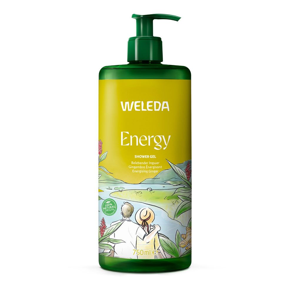Grüne Flasche mit gelbem Etikett. Aufschrift: WELEDA Energy. Illustration von Landschaft und Personen. Mit Pumpverschluss.