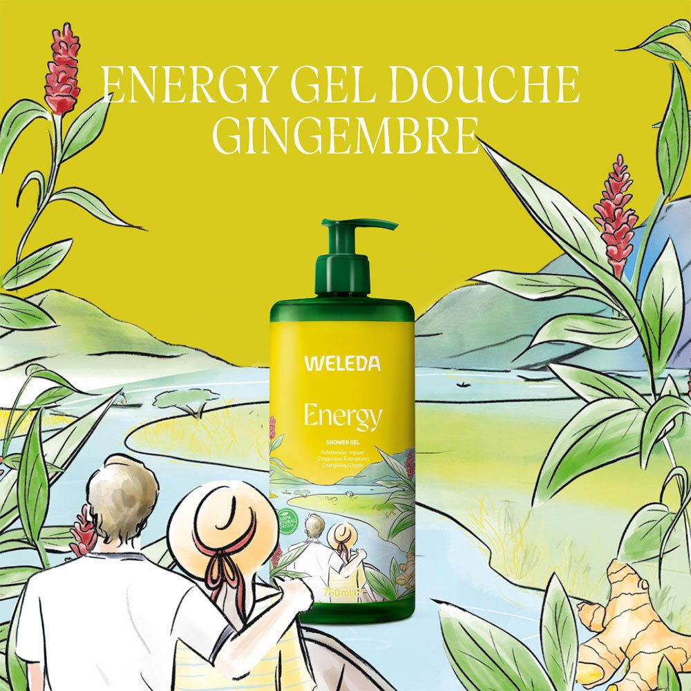 Produktflasche mit gelbem Hintergrund. Aufschrift: ENERGY GEL DOUCHE GINGEMBRE. Illustration von Landschaft und Pflanzen.