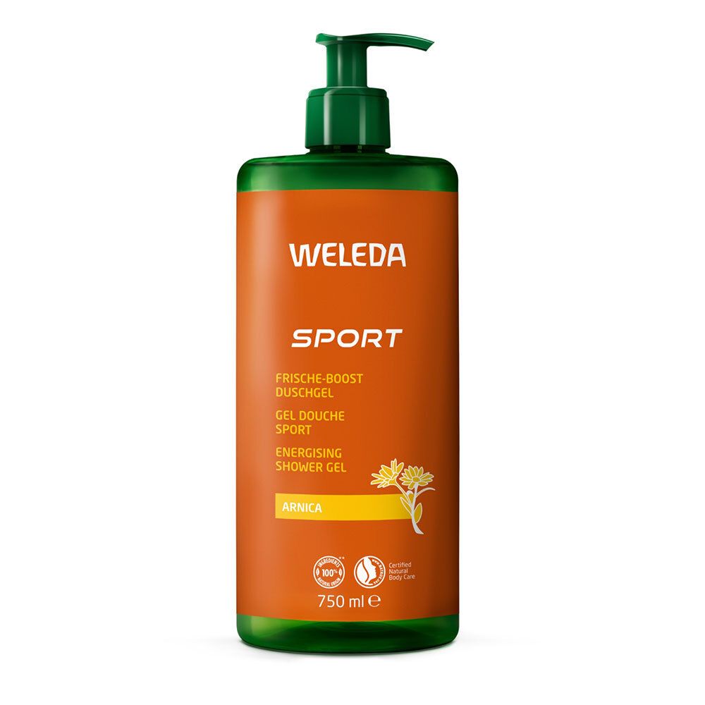 Weleda Sport Gel Douche, 750 ml Flasche mit Dosierpumpe. Orangefarbenes Etikett mit Text und Logo.