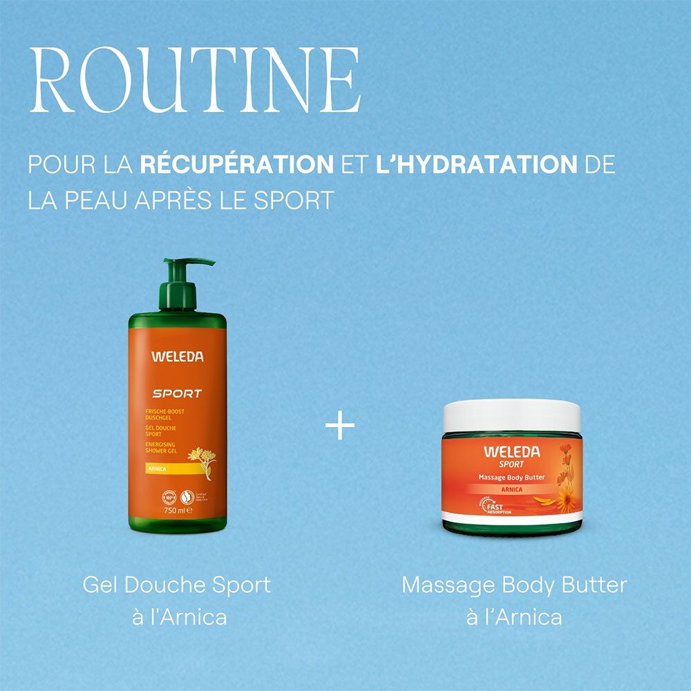 Produkt-Duo: Weleda Sport Gel Douche und Massage Body Butter. Blaue Hintergrund.