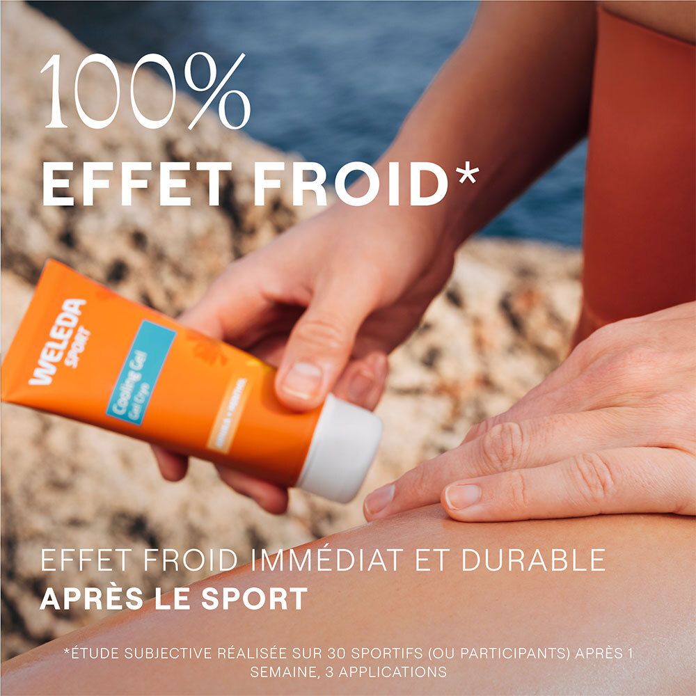 Personne tenant un tube orange. Texte: 100% EFFET FROID, EFFET FROID IMMÉDIAT ET DURABLE APRÈS LE SPORT.