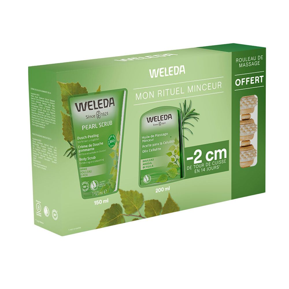 Geschenkset mit zwei Produkten und Massage-Roller. Grüne Verpackung mit Produkten. WELEDA-Logo sichtbar.