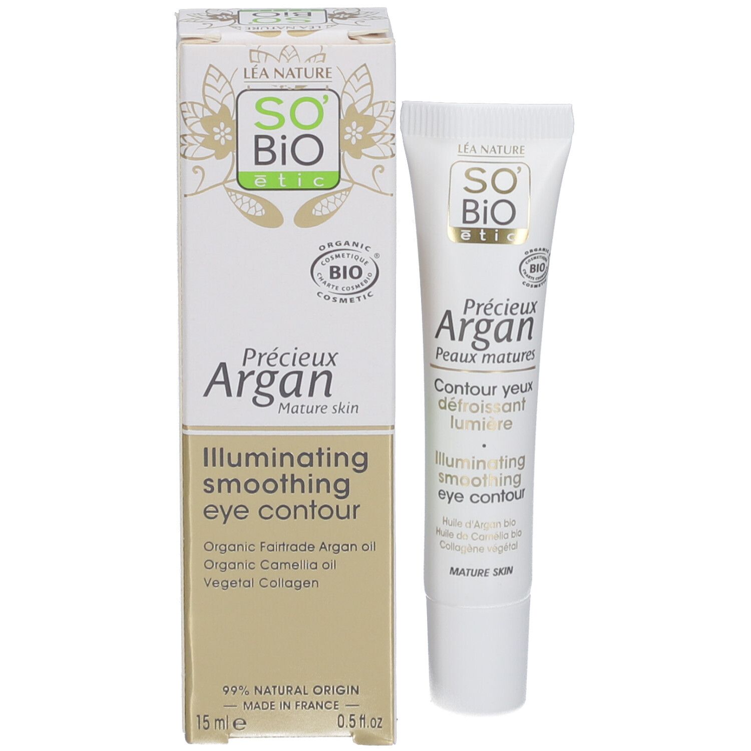 Creme-Tube und Schachtel. Aufschrift: SO BIO etic, Précieux Argan, Contour Yeux Défroissant Lumière. Bio-Zertifizierung.