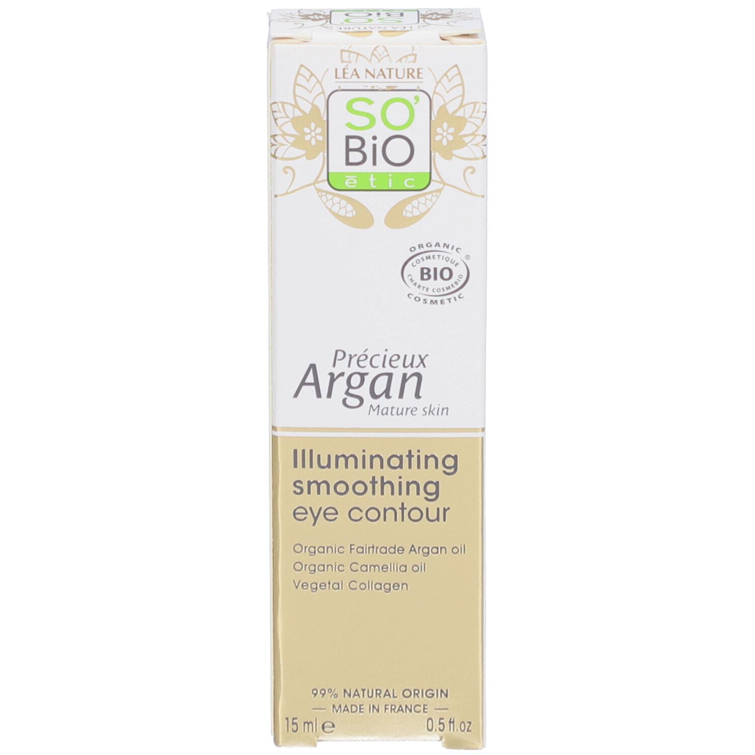 SO BIO ETIC Verpackung. Text: Pr
cieux Argan, Illuminating smoothing eye contour. Bio-Siegel. 15 ml.
