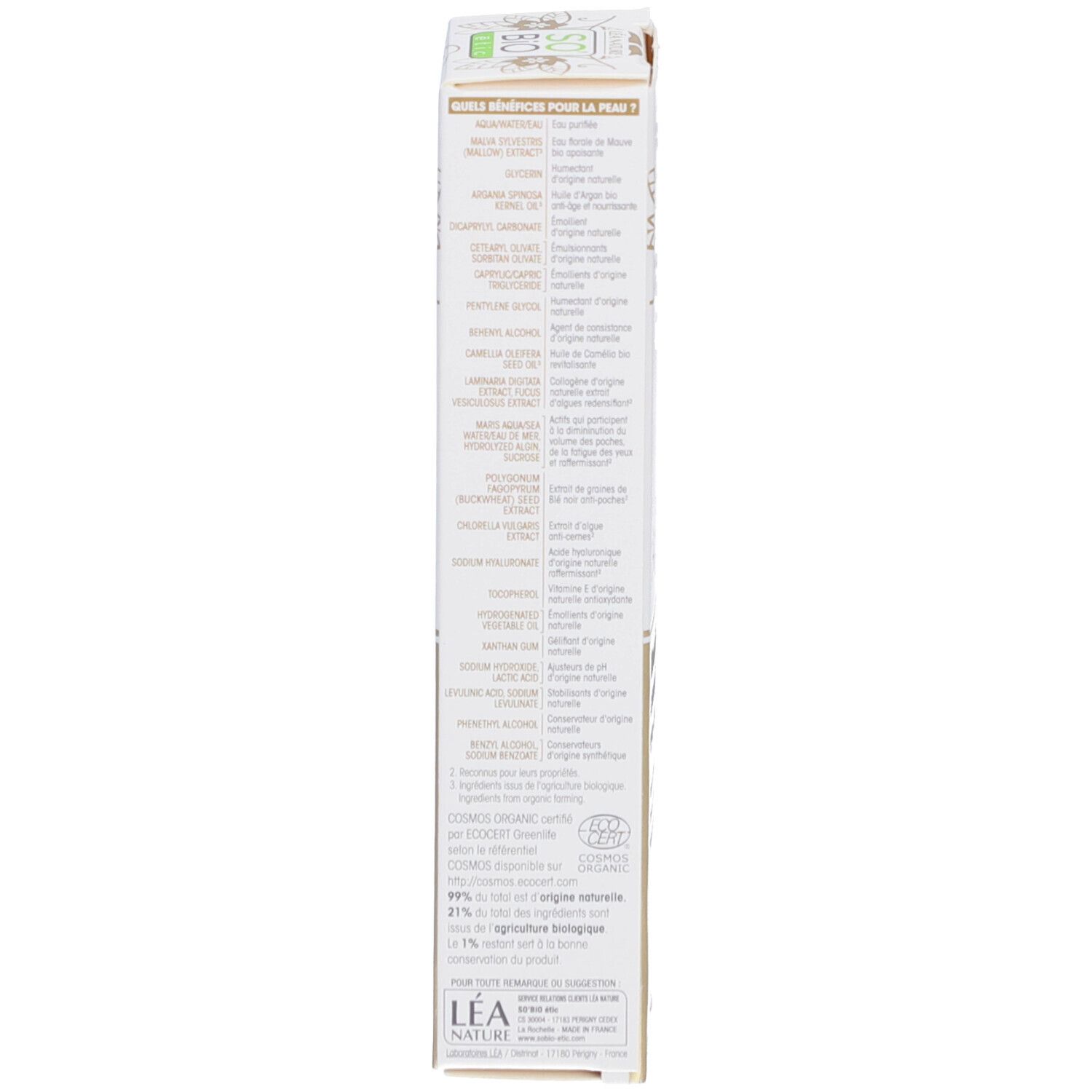 Schachtel, Seitenansicht. Text: Inhaltsstoffe, Bio-Zertifizierung, 99% natürlichen Ursprungs, hergestellt in Frankreich.