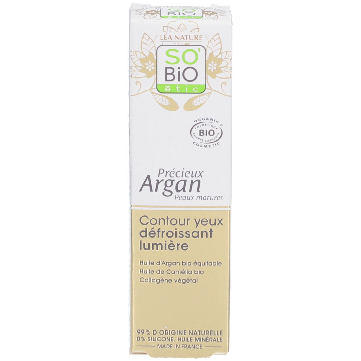 Schachtel. Aufschrift: SO BIO etic, Précieux Argan, Contour Yeux Défroissant Lumière. Bio-Zertifizierung.