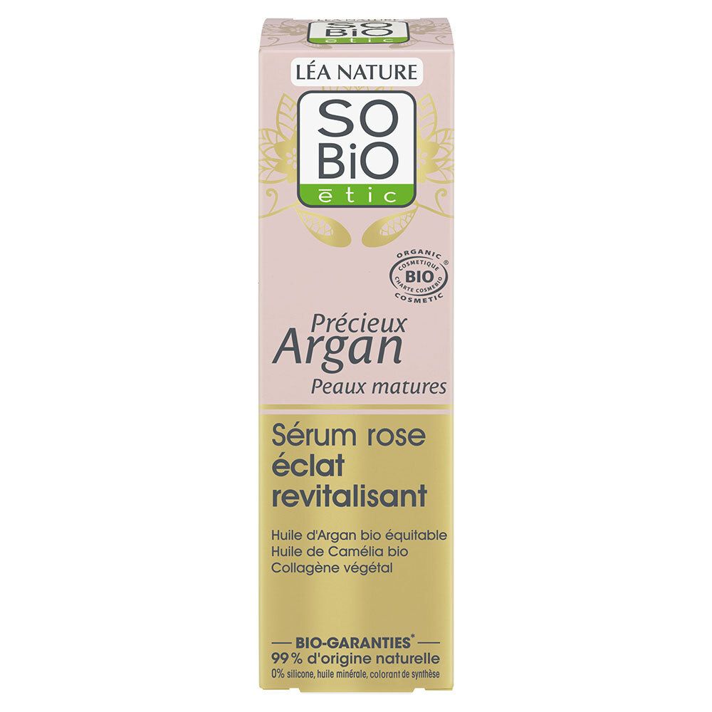 Kartonverpackung mit Aufschrift: SO BIO etic, Précieux Argan, Sérum rose éclat revitalisant. Bio-Zertifizierung.
