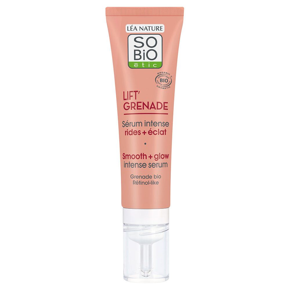 Rosa Tube mit weißem Applikator. Text: SO BIO etic, Lift' Grenade, Serum intense rides + éclat, Smooth + glow intense serum.