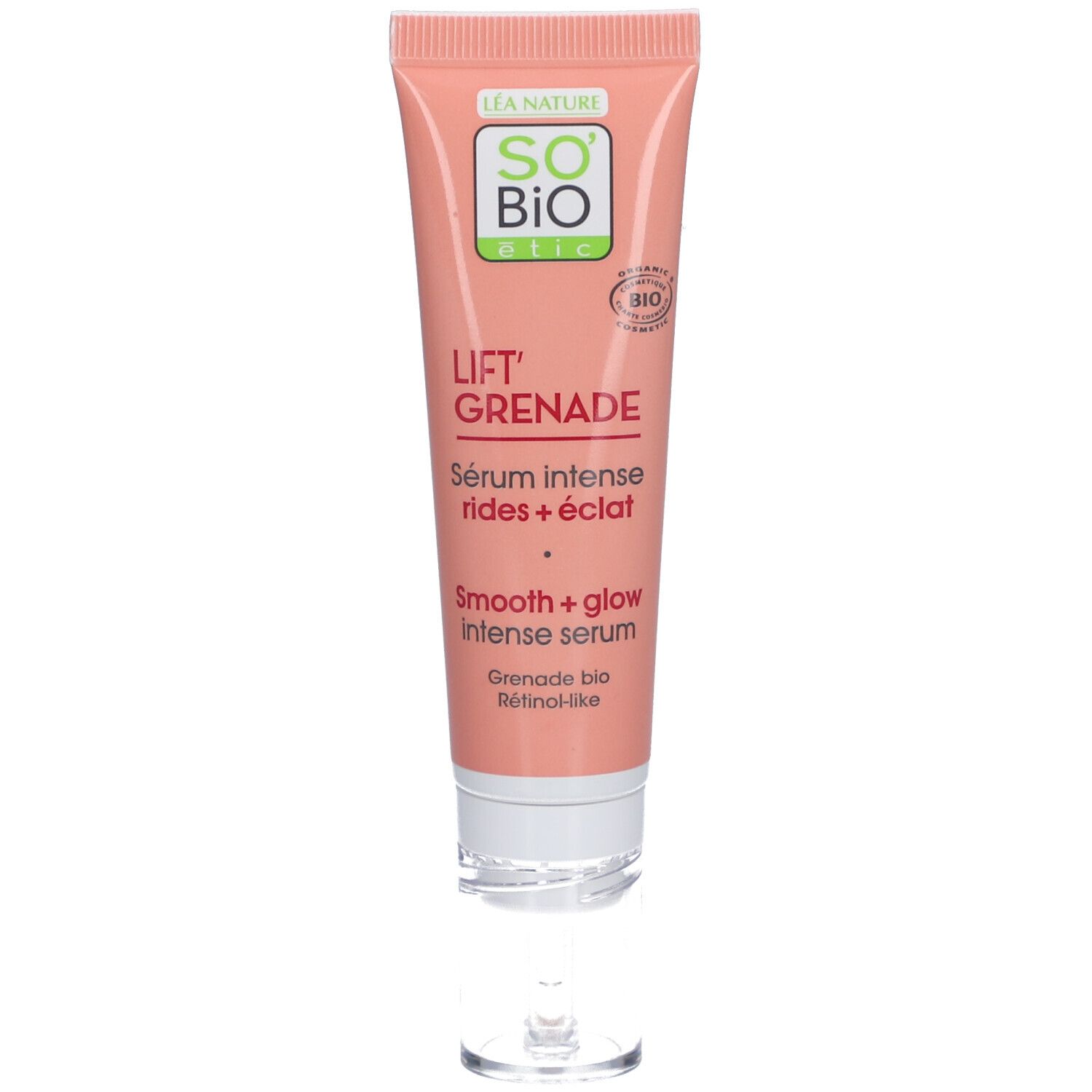 Rosa Tube mit Serum. Aufschrift: Lift' Grenade, Serum intense rides + éclat. Bio-Zertifizierung.