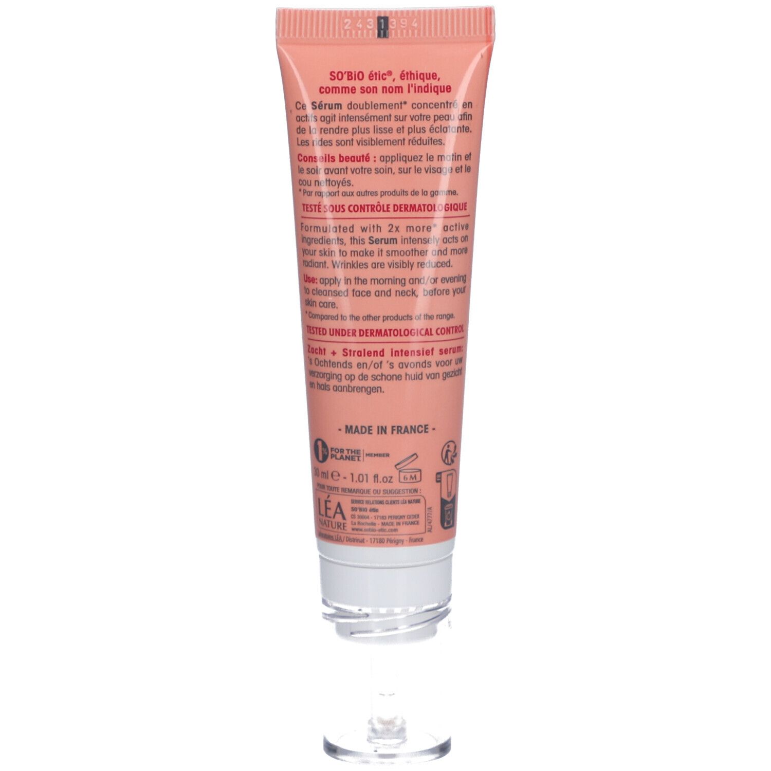Rückseite der Serumtube. Text: SO'BiO étic, Serum konzentriert sich auf die Haut. Dermatologisch getestet.